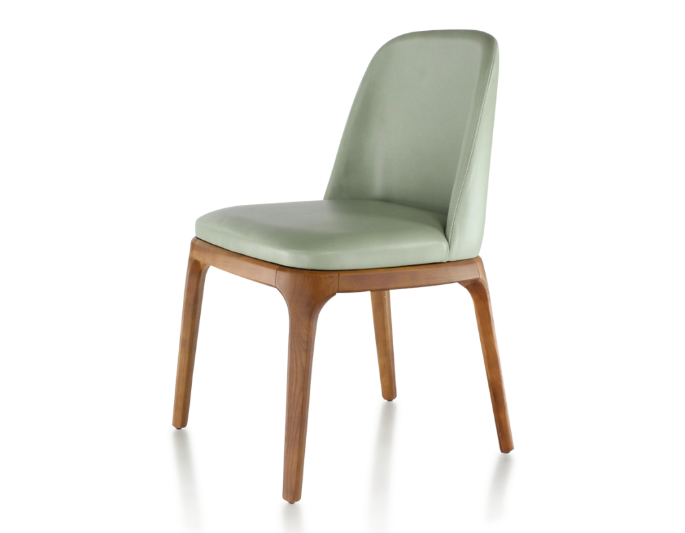 Chaise design bois teinte merisier et cuir cuir vert sauge