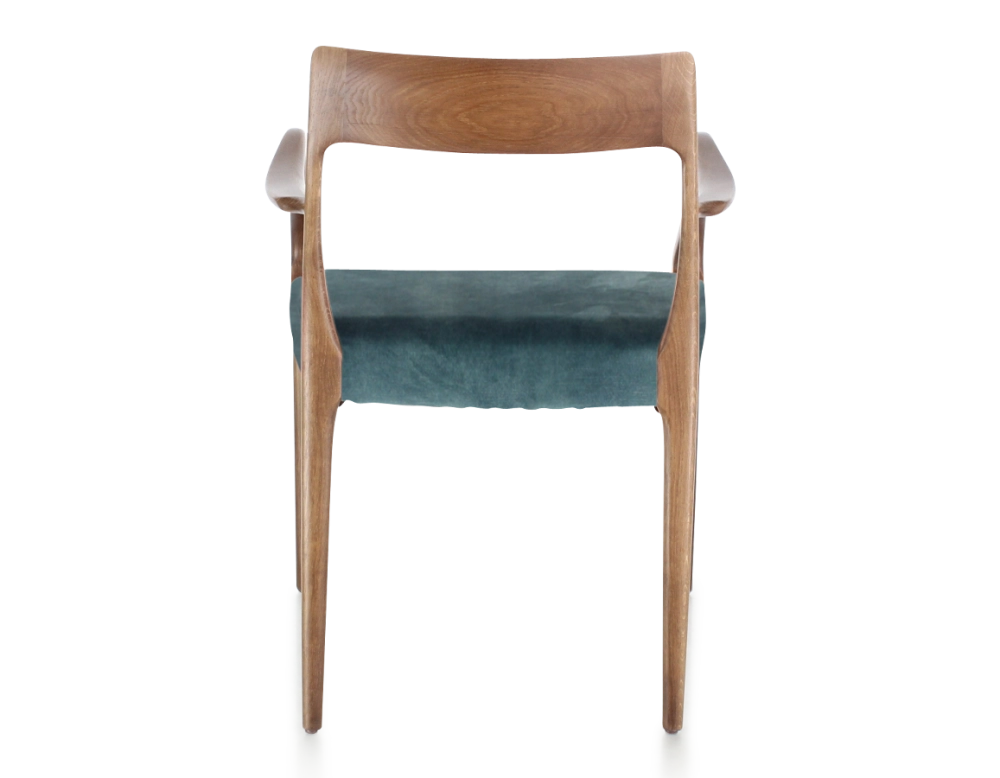 Scandinavian armchair with armrests wood stained walnut seat in petrol blue velvet fabric