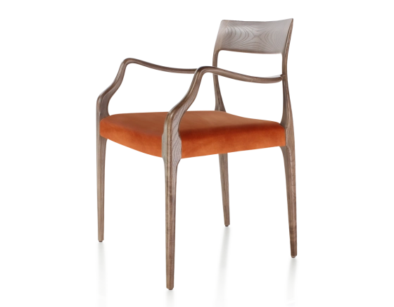 Chaise scandinave avec accoudoirs bois teinte marron foncé assise tissu velours terracotta