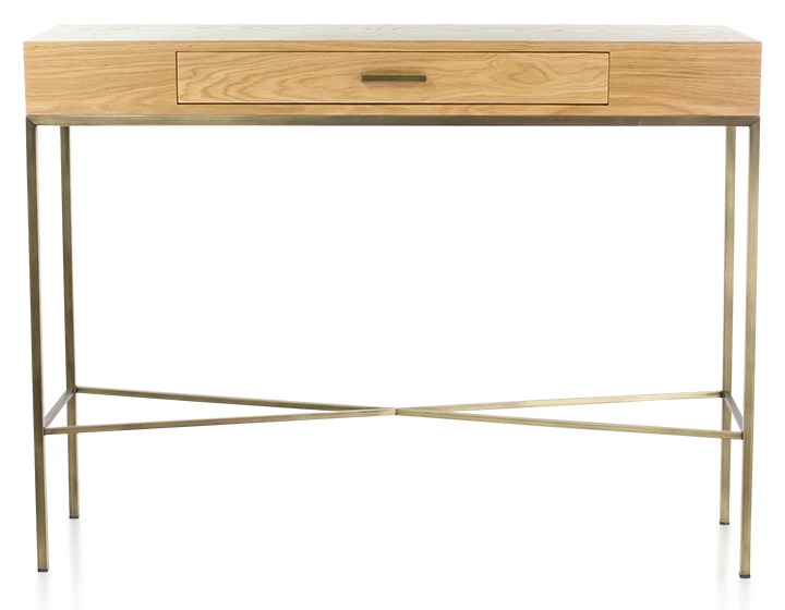 Consola de diseño fresno tinte natural y metal pátina latón 100 cm