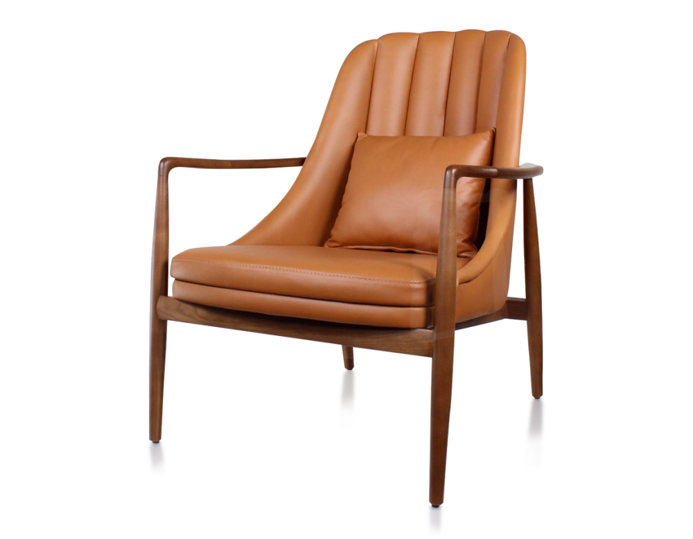 Scandinavian armchair cherry-stained wood and caramel leather