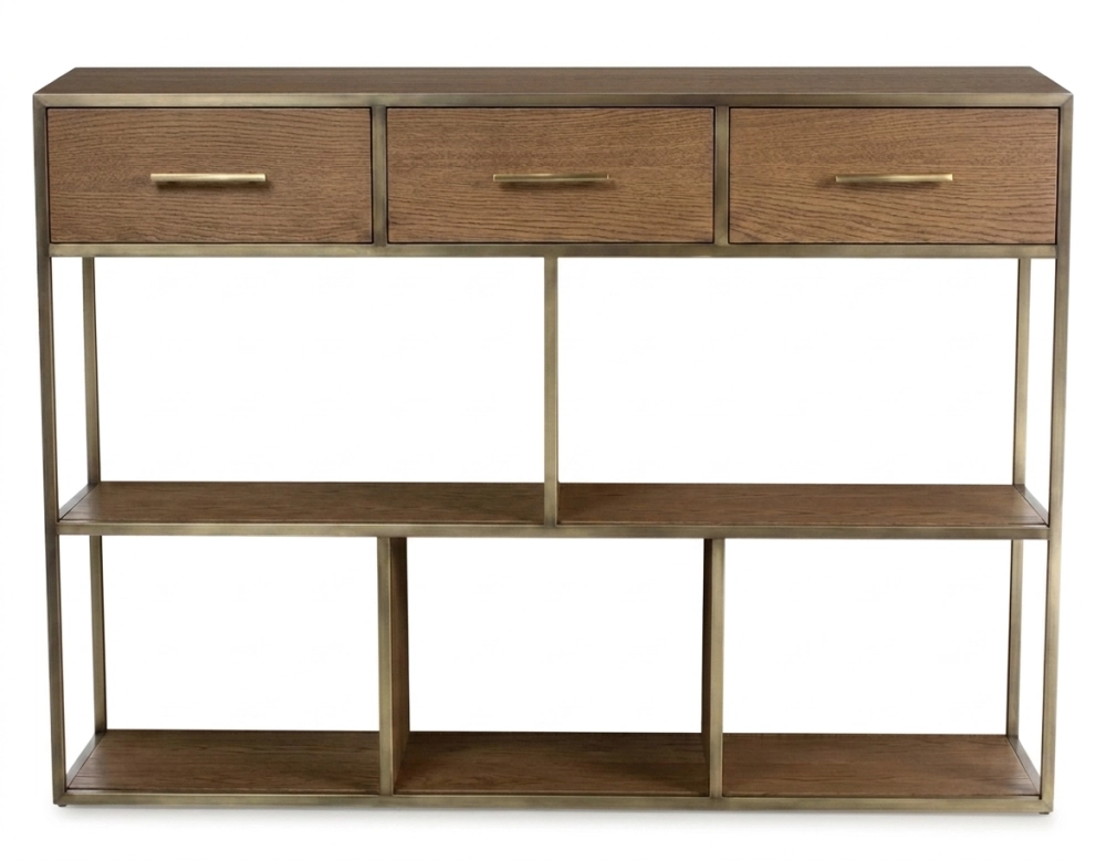 Console design en frêne frêne teinte noyer et métal patine laiton