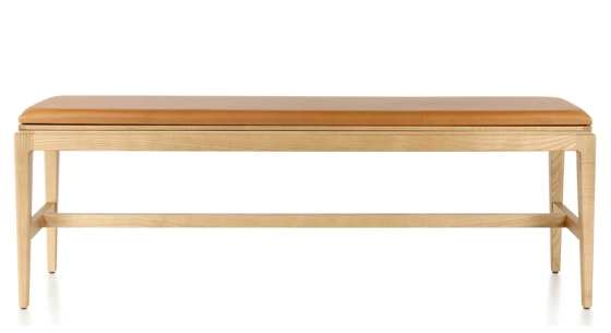 Banc design bois teinte naturelle assise cuir caramel L160 cm