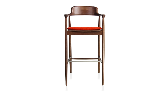 Taburete de bar h80 cm madera tinte marrón oscuro asiento tejido naranja quemado