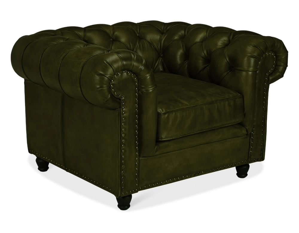 Chesterfield leather armchair olive green studded armrests