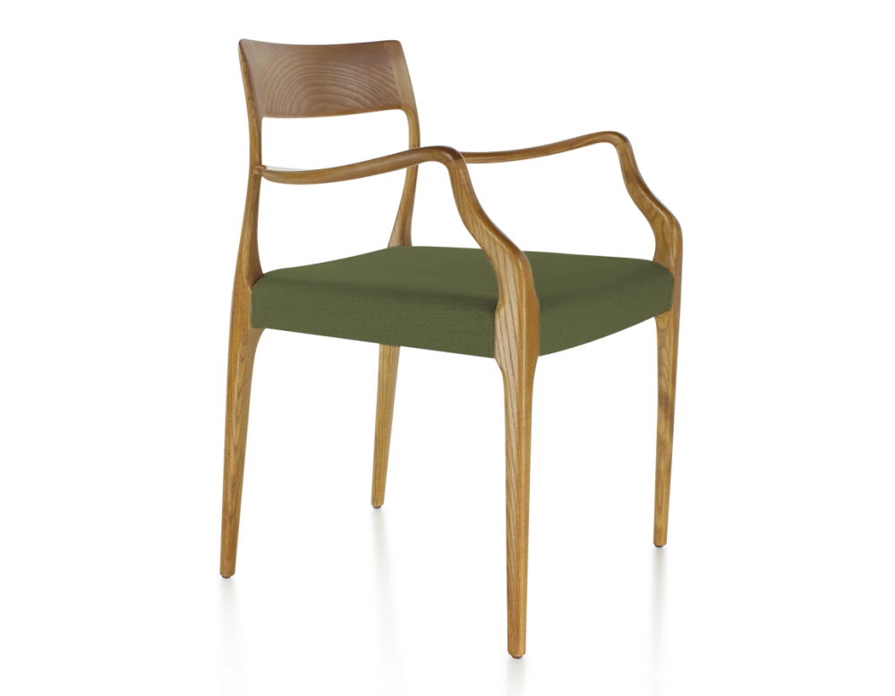 Silla escandinava con reposabrazos madera tinte cerezo asiento tejido verde oliva