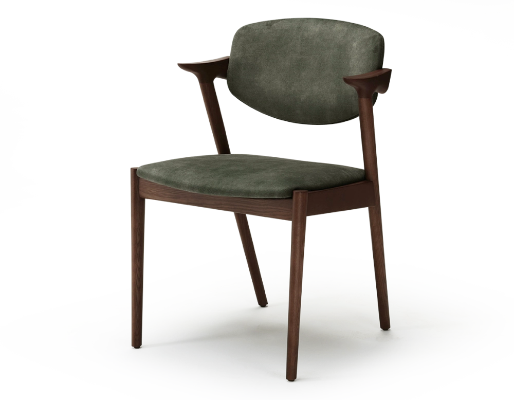 Scandinavian chair dark brown stained wood with forest green velvet seat.