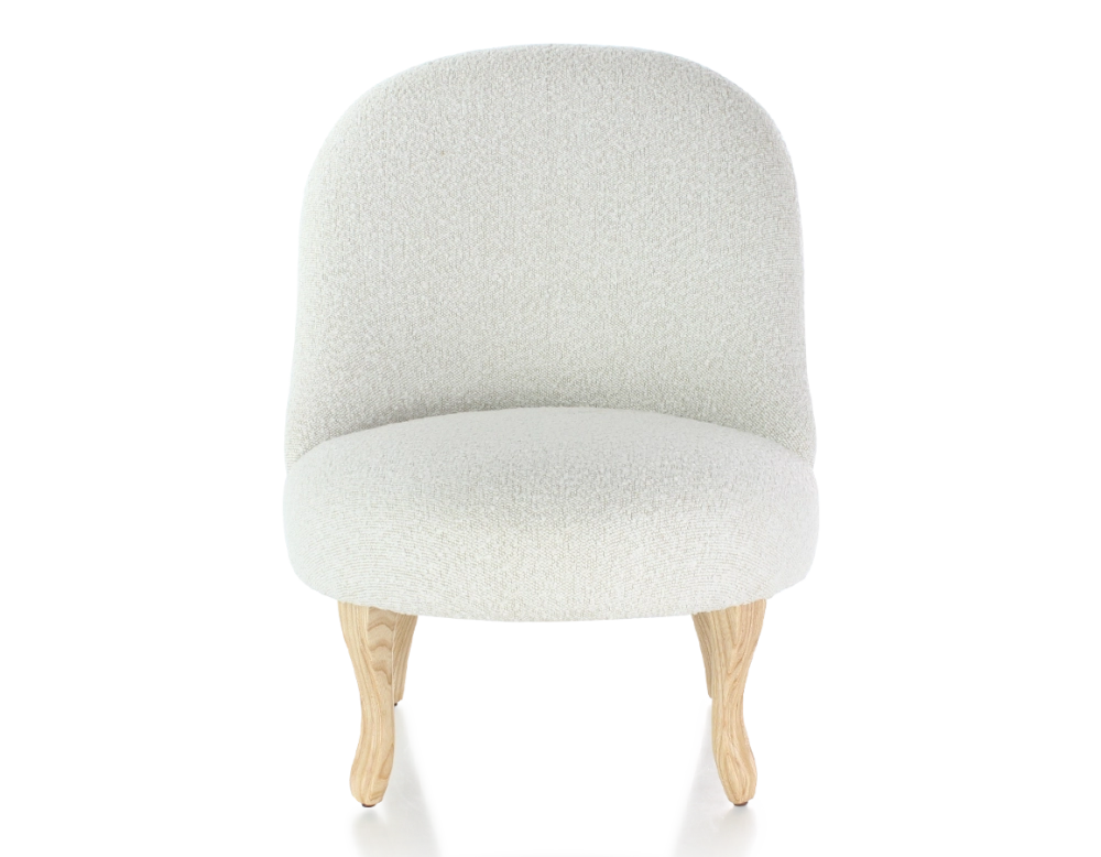Fauteuil crapaud sans accoudoirs pieds bois teinte naturelle et tissu bouclé blanc