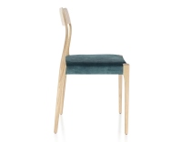 Chaise scandinave bois teinte naturelle assise tissu velours bleu pétrole