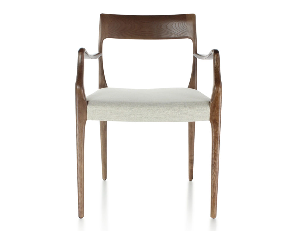 Chaise scandinave avec accoudoirs bois teinte marron foncé assise tissu beige naturel