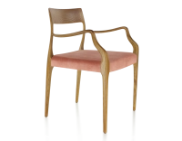 Chaise scandinave avec accoudoirs bois teinte merisier assise tissu velours rose pâle
