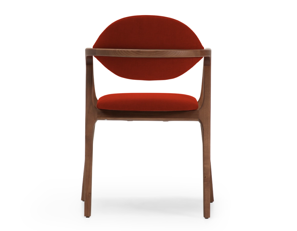 Chaise design avec accoudoirs bois teinte marron foncé et tissu orange brulé