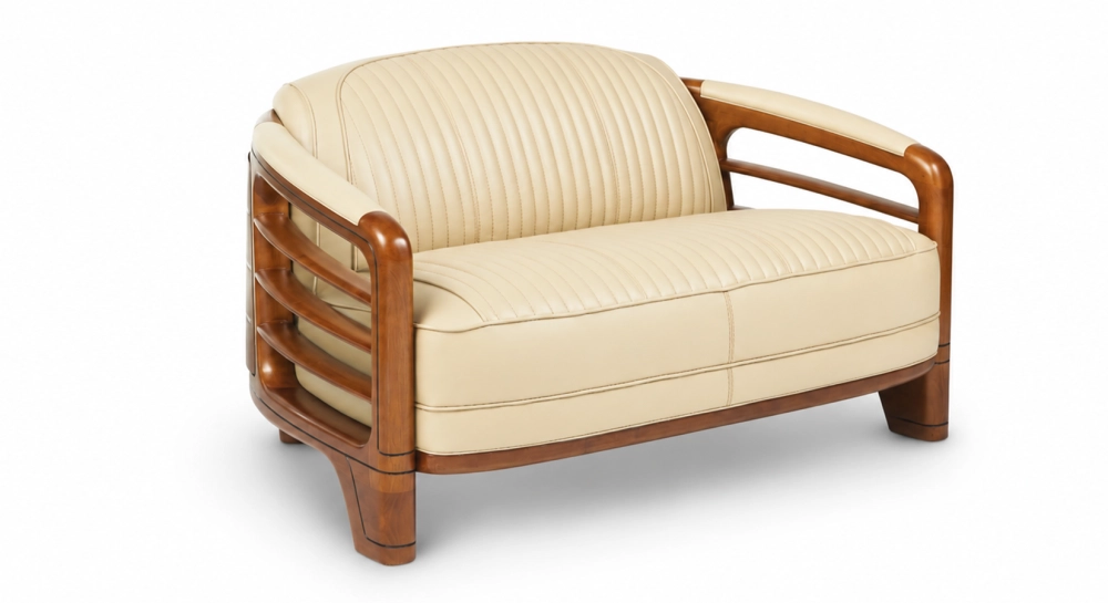 Sofá club de madera y piel de 2 plazas beige