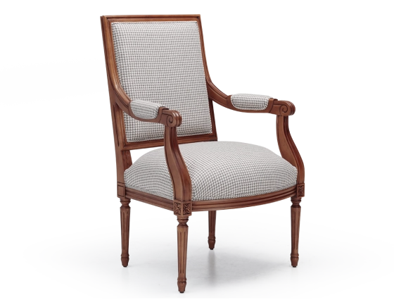 Fauteuil ancien style Louis XVI bois teinte ancienne et tissu pied de poule blanc et taupe