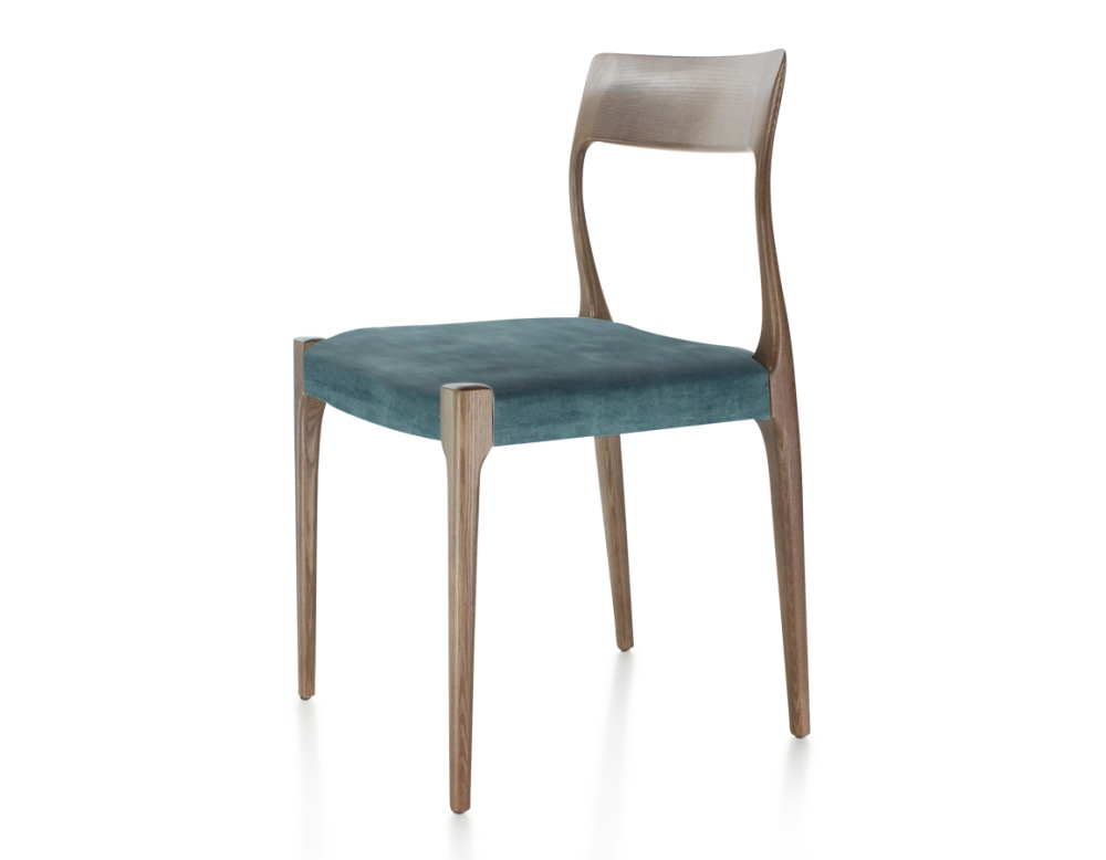 Chaise scandinave bois teinte marron foncé assise tissu velours bleu pétrole