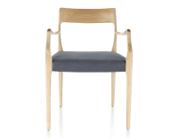 Scandinavian armchair with armrests natural tint wood, grey fabric seat