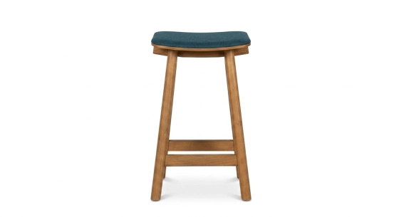 Taburete de bar de roble tapizado H60 cm madera tintada vintage asiento de tejido de lana hervida azul