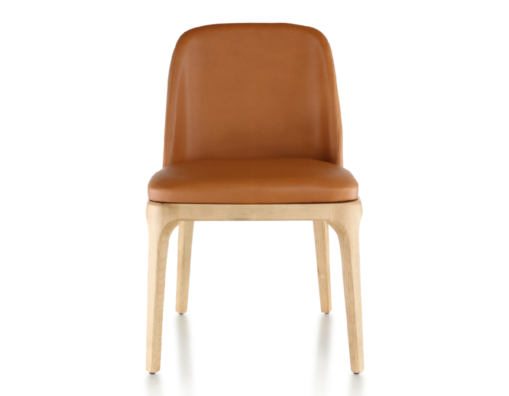 Designer chair natural stained wood and caramel leather