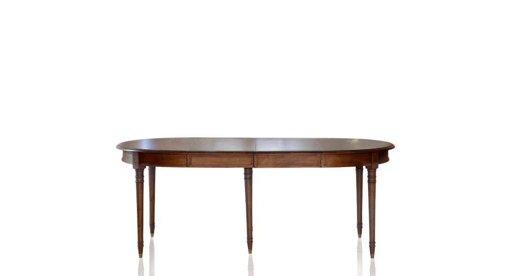 Louis XVI round extending table for 6 to 18 people wood in antique stain and beige fabric 110x120cm