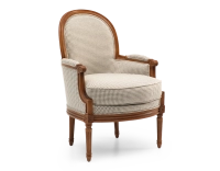 Fauteuil bergère style Louis XVI bois teinte ancienne et tissu pied de poule blanc et taupe