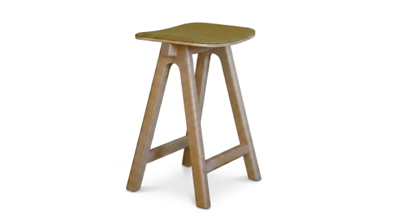 Taburete de bar de roble tapizado H60 cm madera tinte natural asiento tejido jaspeado amarillo