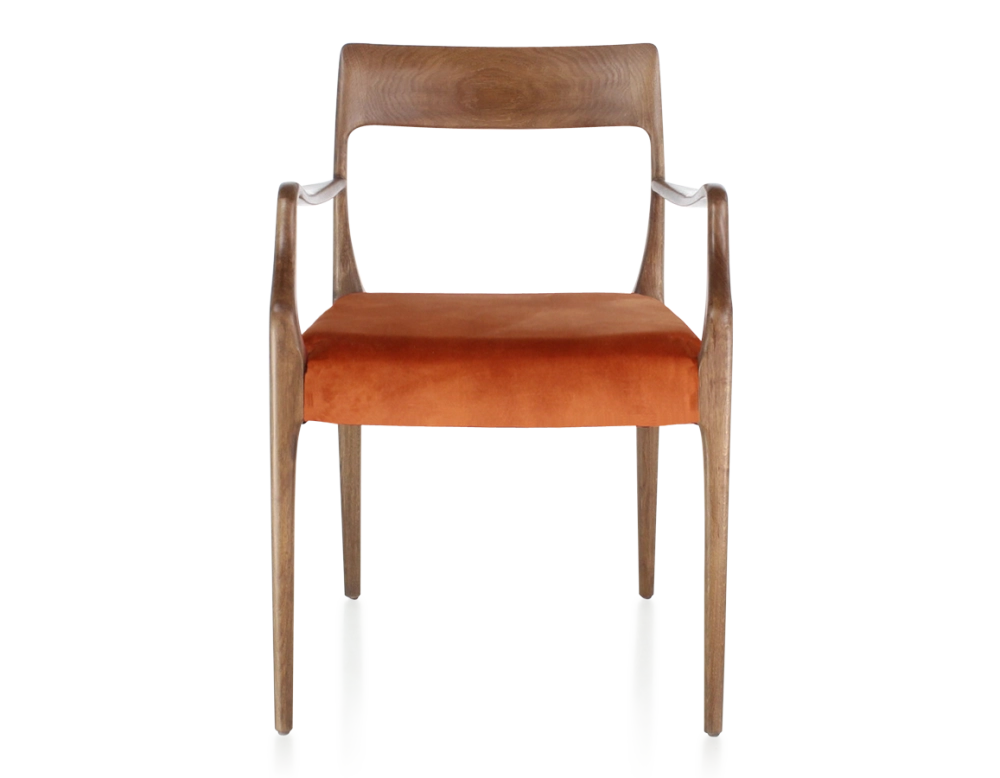 Chaise scandinave avec accoudoirs bois teinte noyer assise tissu velours terracotta
