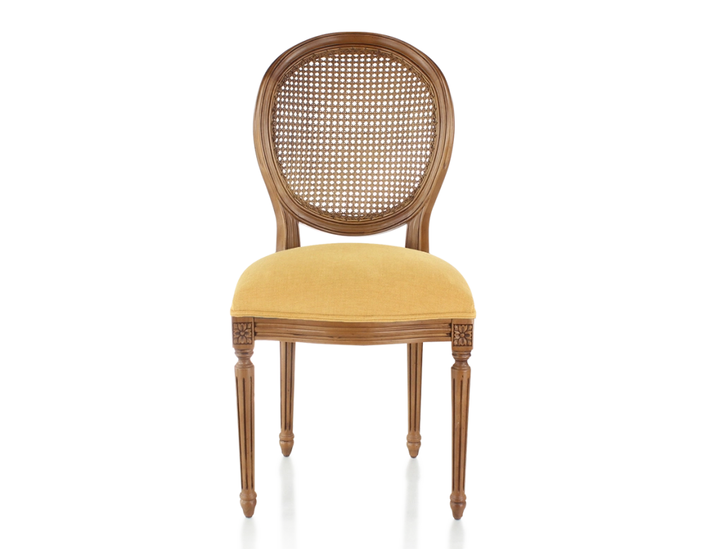 Silla antigua estilo Luis XVI madera tinte envejecido respaldo de rejilla asiento tejido amarillo