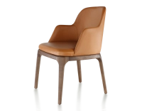 Chaise design avec accoudoirs bois teinte marron foncé et cuir caramel