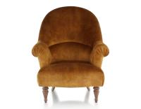 Fauteuil crapaud avec accoudoirs pieds bois teinte noyer et tissu velours bronze haut dossier
