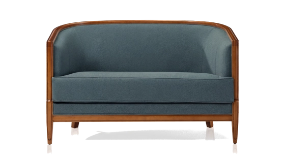 Antique 2 seater sofa with moulded armrests bois teinte ancienne et tissu bleu océan