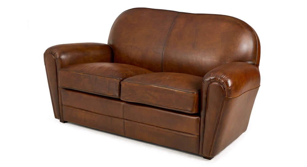 Canapé club cuir 2 places marron vintage accoudoirs passepoil