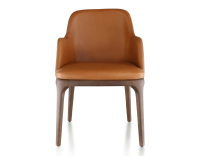 Chaise design avec accoudoirs bois teinte marron foncé et cuir caramel