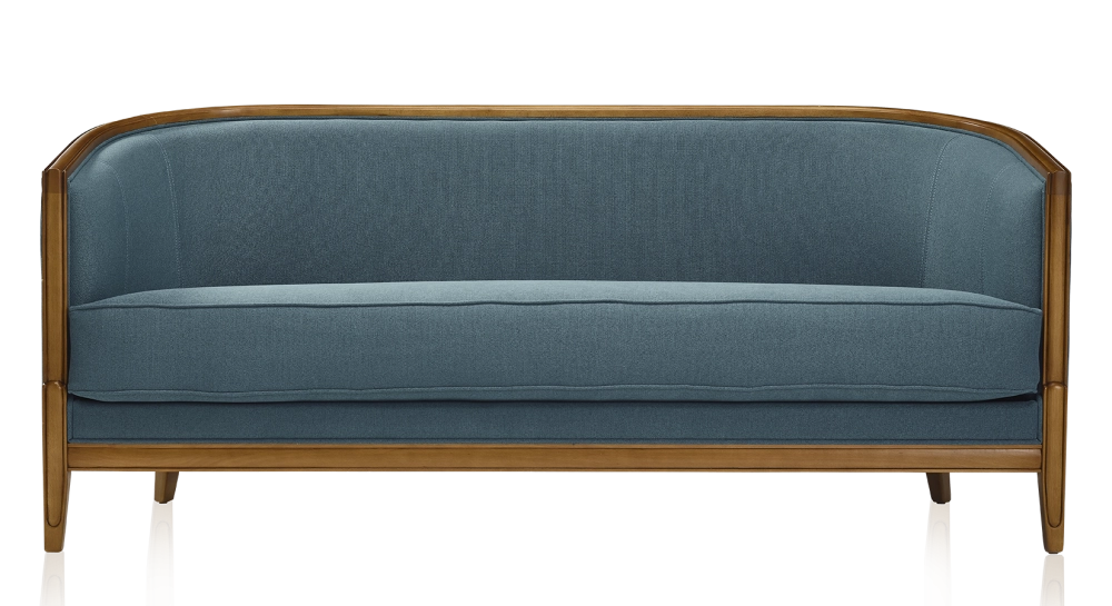 Antique 3 seater sofa with moulded armrests antique stained wood and ocean blue fabric