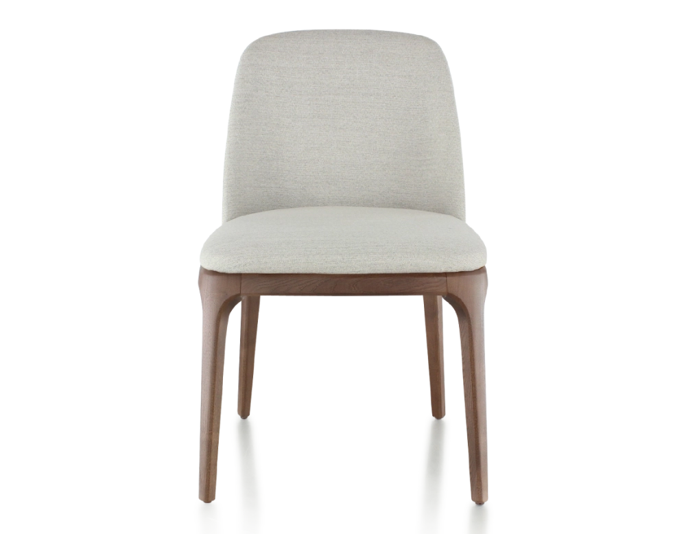 Designer chair dark brown stained wood and natural beige fabric
