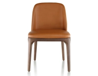 Designer chair dark brown stained wood and caramel leather