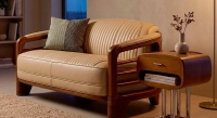 Sofá club de madera y piel de 2 plazas beige