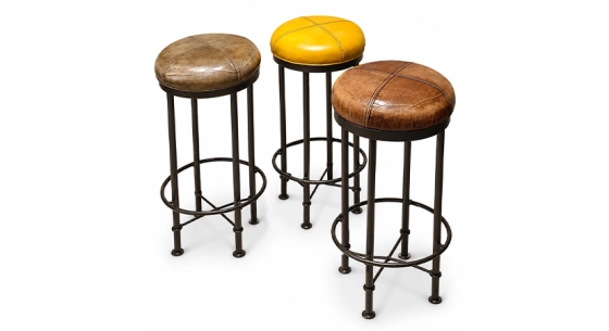 Taburete de bar vintage de piel jaune, marron soutenu et vert olive