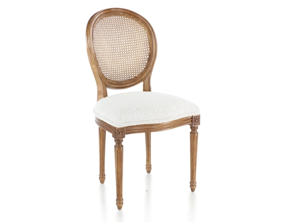 Antique Louis XVI style chair wood stained old caned back white curly fabric seat