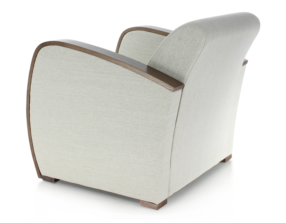 Designer armchair dark brown stained wood and natural beige fabric