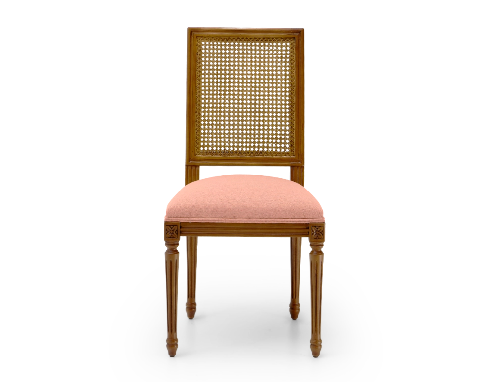 Silla antigua estilo Luis XVI respaldo de rejilla asiento de tejido rosa coral