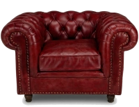 Fauteuil Chesterfield cuir rouge carmin accoudoirs cloutés