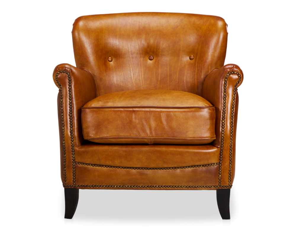 Fauteuil club cuir cognac accoudoirs cloutés