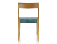 Chaise scandinave bois teinte merisier assise tissu velours bleu pétrole