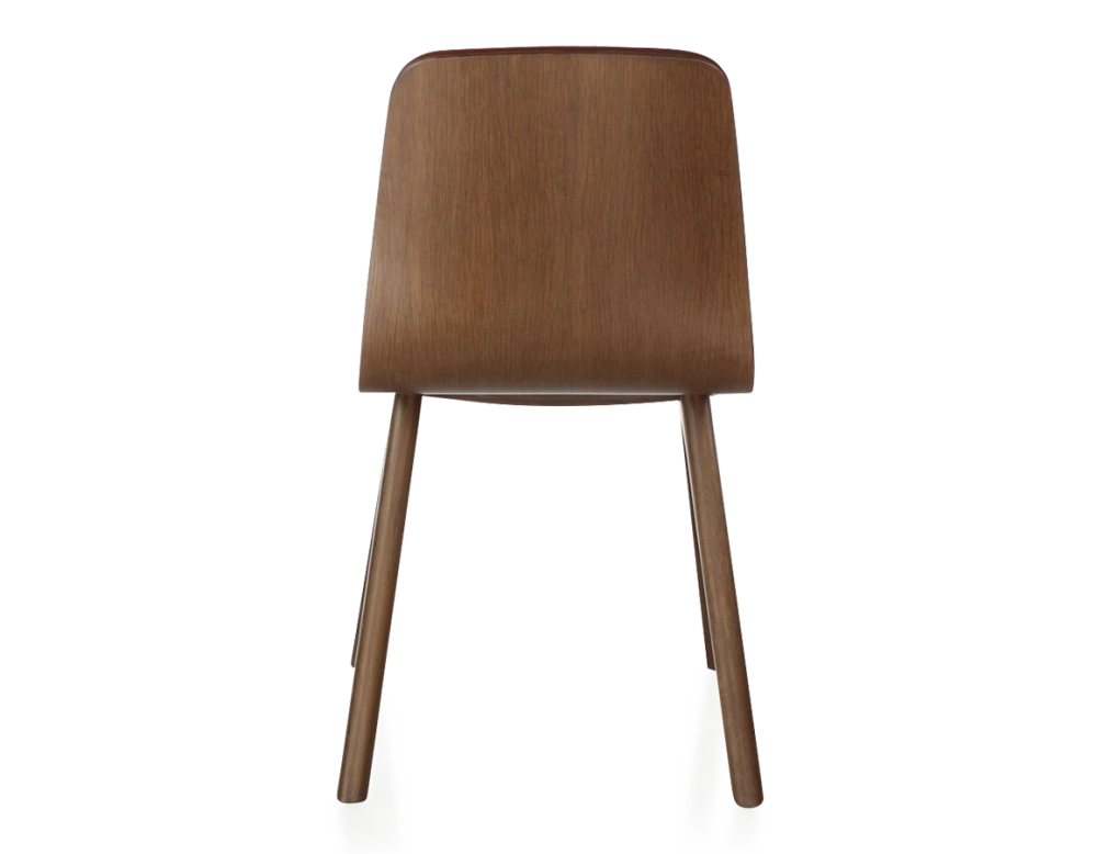 Chaise design en chêne tapissé bois teinte marron foncé assise tissu bordeaux