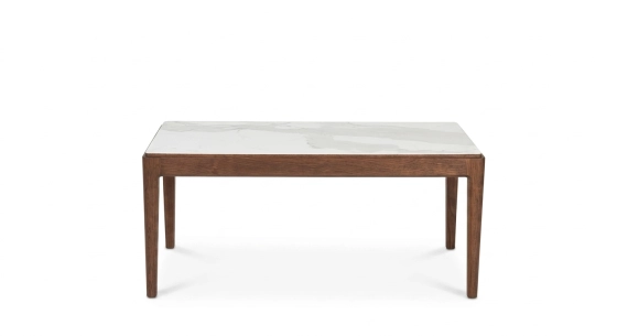 Mesa de centro rectangular de roble y cerámica con madera tintada marrón oscuro tablero cerámico efecto mármol blanco 100x050 cm