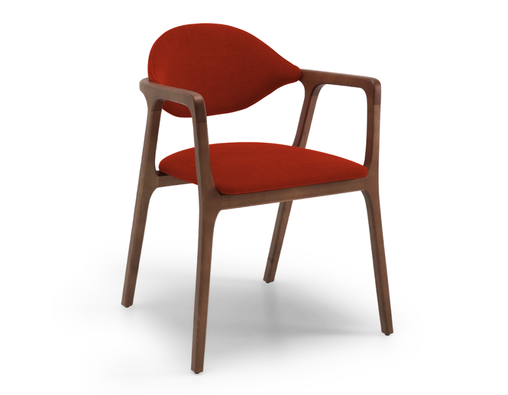 Chaise design avec accoudoirs bois teinte marron foncé et tissu orange brulé