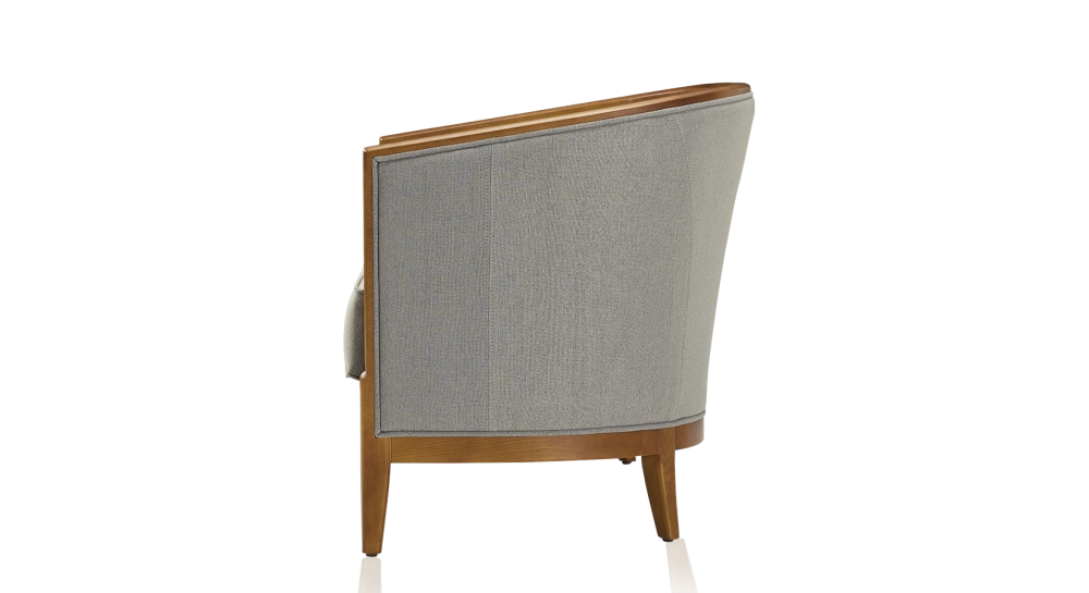 Canapé vintage 2 places bois teinte meriser et tissu gris clair
