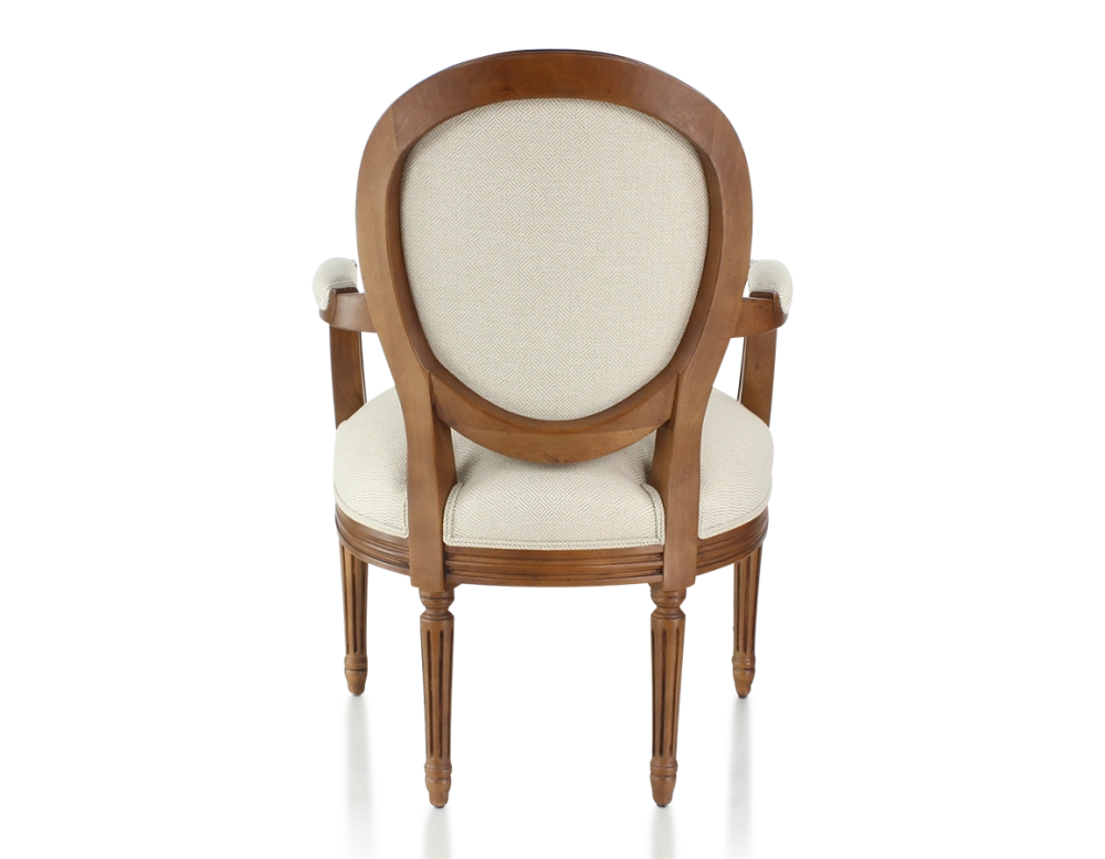 Sillón antiguo estilo Luis XVI madera con tinte envejecido y tejido chevron beige