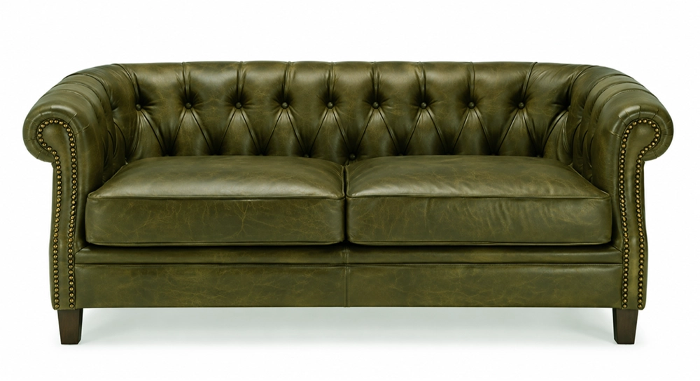 Canapé Chesterfield cuir 2 places vert olive accoudoirs cloutés