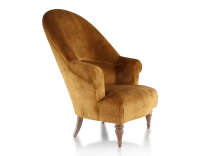 Fauteuil crapaud avec accoudoirs pieds bois teinte noyer et tissu velours bronze haut dossier